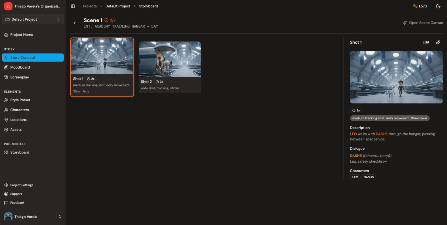 Scene focus view showing shot details, dialogue, and character information