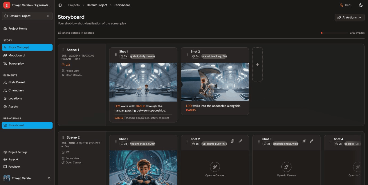 Storyboard grid showing shots across multiple scenes